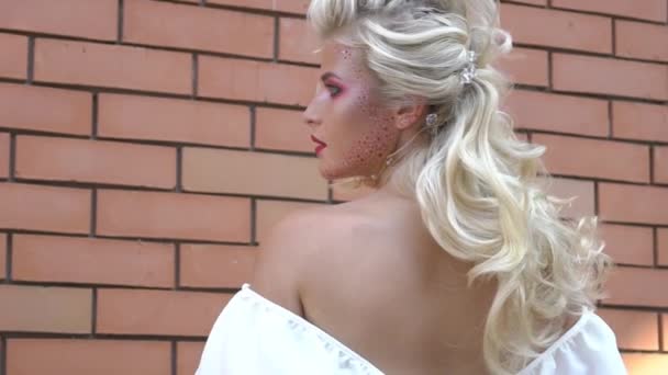 Slow Motion Beautiful Blonde Hair Girl Back Fashion Hairstyle Brick — стоковое видео