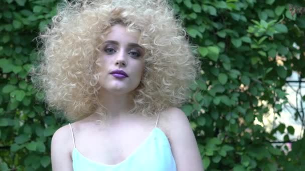 Slow Motion Portrait Lady Curly Hair — Stockvideo