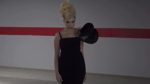 Slow Motion Charming Blonde Posing Underground Parking — Vídeo de Stock