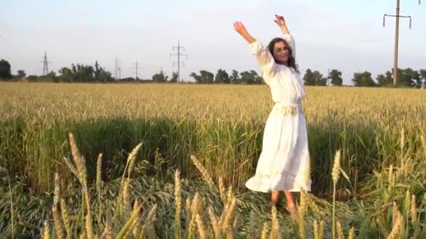 Beautiful Young Woman Dancing Wheat Field — Stock video