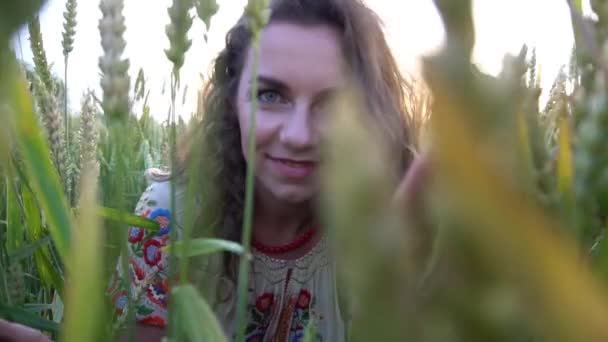 Slow Motion Girl Summer Field Look Spikelet Hide Field — Stockvideo