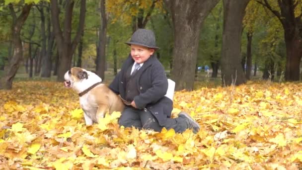 Little Cheerful Boy Sits Next Dog Yellow Fallen Leaves Autumn — Stockvideo