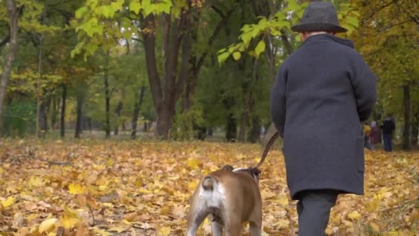 Slow Motion Happy Joyful Little Boy Black Suit Walking His — Vídeo de Stock