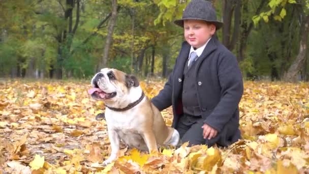 Friends Baby Dog Sitting Together Beautiful Golden Leaves Autumn — Stok Video