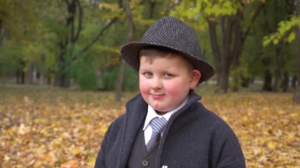 Boy Standing Beautiful Business Suit Autumn Park — Stok video
