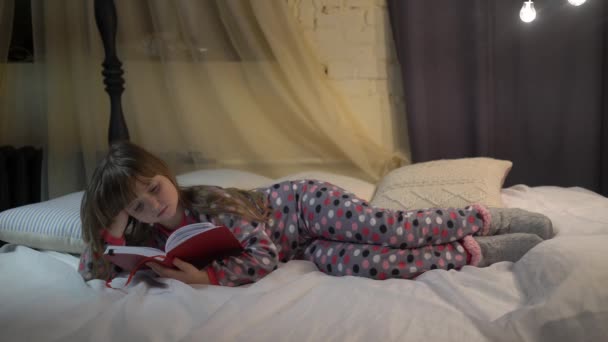 Girls Bed Read Book Have Fun Comfortable Bedroom — Wideo stockowe