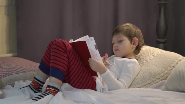 Маленький Хлопчик Читає Книжку Концепція Дітей Школа Навчання — стокове відео