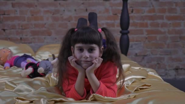 Slow Motion Portrait Little Girl Bed — Wideo stockowe