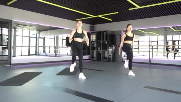 Fitness Pilates Strečink Cvičení Skupina Dvou Atraktivních Usmívajících Dospělých — Stock video