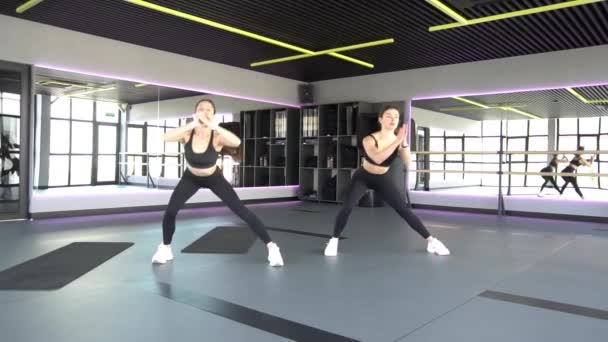 Fitness Pilates Stretching Oefeningen Een Groep Van Twee Aantrekkelijke Glimlachende — Stockvideo