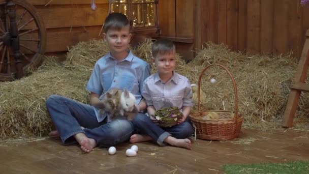 Двоє Маленьких Братів Хлопчиків Студії Граються Пасхальним Кроликом — стокове відео