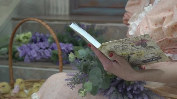Γυναίκα Φόρεμα Κάθεται Διαβάζοντας Βιβλίο Ένα Παπάκι Ένα Καλάθι — Αρχείο Βίντεο
