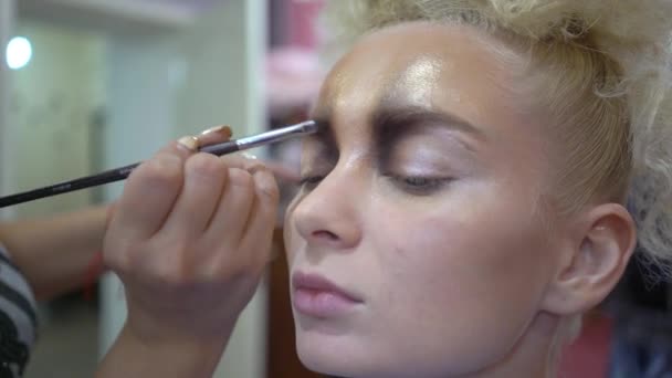Makeup Artist Puts Makeup Young Lady Studio — Stock videók