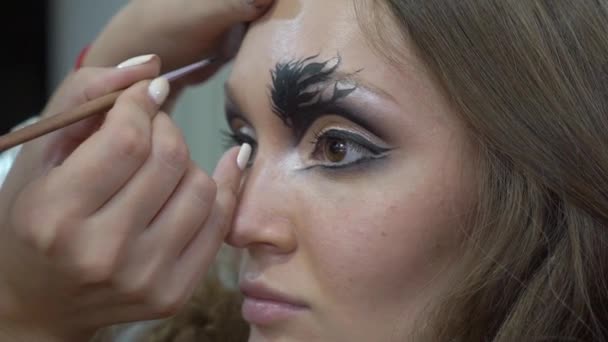 Slow Motion Beautiful Young Woman Applying Makeup Beauty Visage Brush — Stockvideo