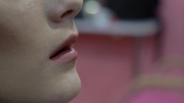 Makeup artist applies lipstick. Make up in process