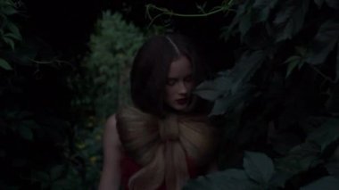 Slow Motion Young brunette woman in a red dress