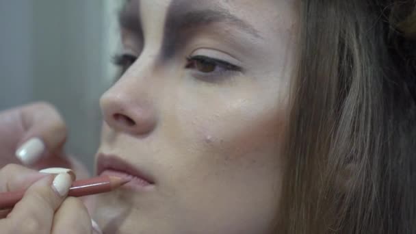 Slow Motion Makeup Artist Puts Bright Pink Lipstick Her Lips — Vídeo de stock