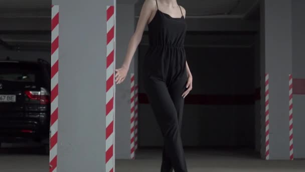 Slow Motion Gorgeous Sexy Blonde Girl Underground Parking Lot — Stock videók