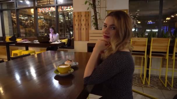 Young Beautiful Girl Flirtatiously Drinking Coffee Bar — Vídeos de Stock