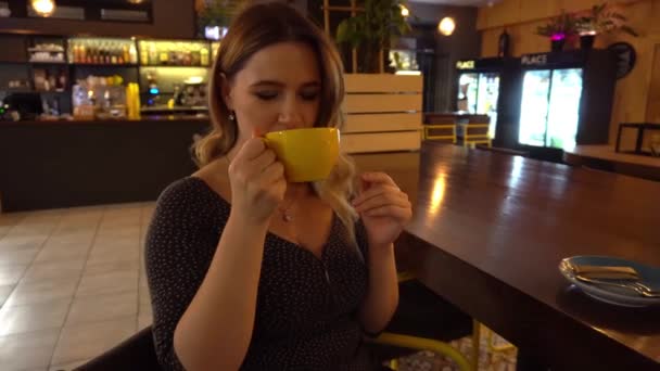 Красива Дівчина Сидить Кафе Посміхається Тримає Руках Кухоль — стокове відео