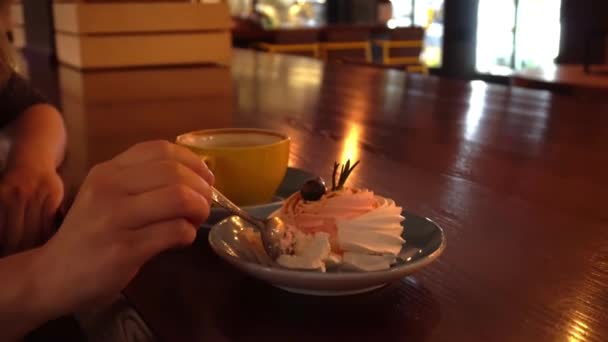 Woman Eat Desert Cafe Restaurant Evening — Stockvideo