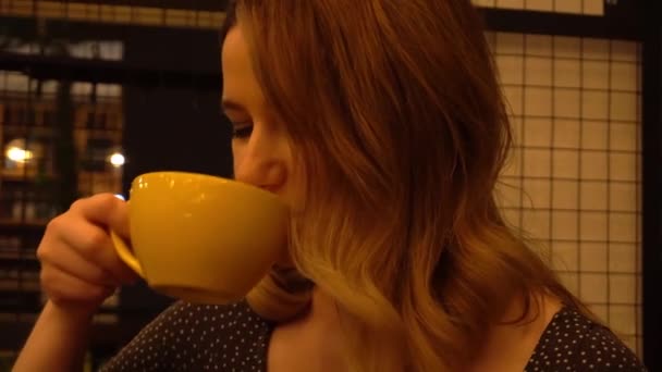 Woman Drinks Coffee Evening Restaurant Rest Leisure — ストック動画