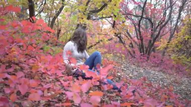 4K gülen kadın ağaçların altındaki ormanda sonbahar yapraklarıyla oturuyor.