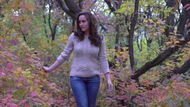 Slow Motion Woman Autumn Park — Video Stock