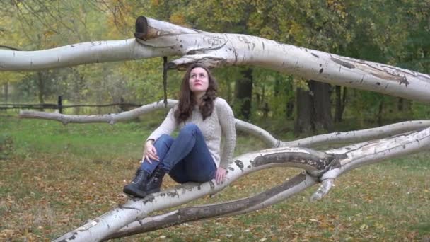 Slow Motion Kadını Sonbahar Parkında Ağaçta Oturuyor — Stok video