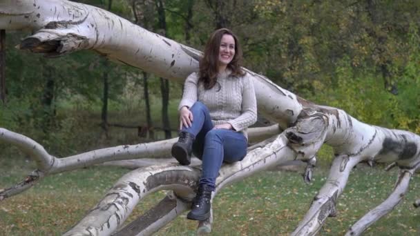 Девочка Медленным Движением Сидящая Дереве Лесу Осеннее Время — стоковое видео