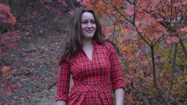 Повільний Рух Жінки Осінньому Парку — стокове відео