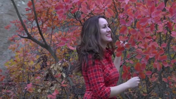 Slow Motion Donna Posa Sullo Sfondo Della Natura Autunnale — Video Stock