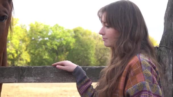 Slow Motion Girl Füttert Ein Pferd Mit Melone Und Streichelt — Stockvideo