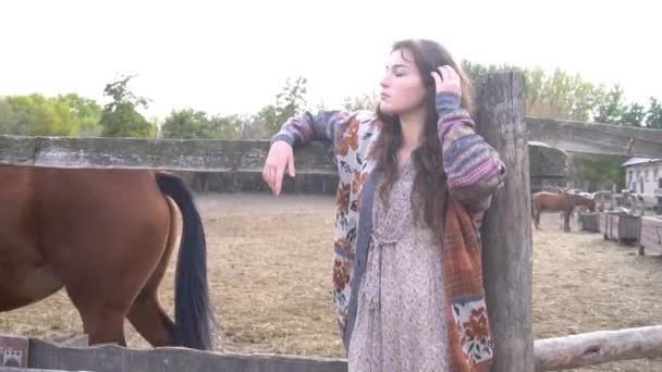 Mooi Lang Haar Jonge Vrouw Met Een Paard Buiten — Stockvideo