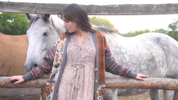 在夏季绿地公园和马一起慢动作的年轻漂亮的快乐的女人 — 图库视频影像