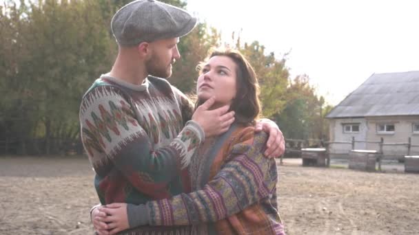 Slow Motion Romantic Couple Hugging Farm Fence — Stock Video