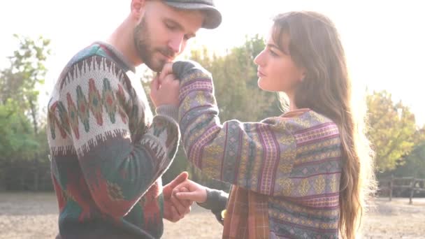 Slow Motion Loving Couple Ranch Autumn Season — Video