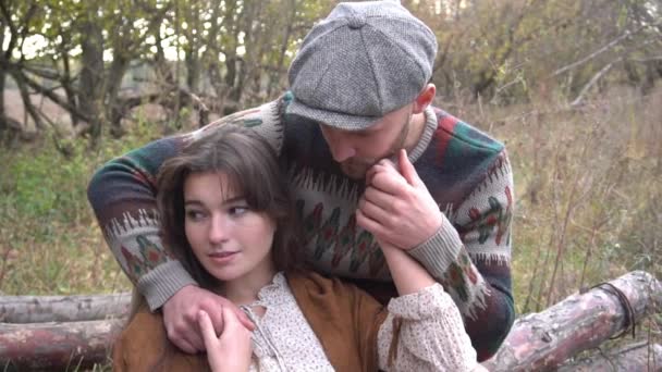 Slow Motion Love Story Beautiful Couple Sitting Wooden Stumps — Video