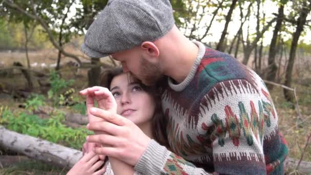 Slow Motion Young Woman Men Wood Logs Forest — Video