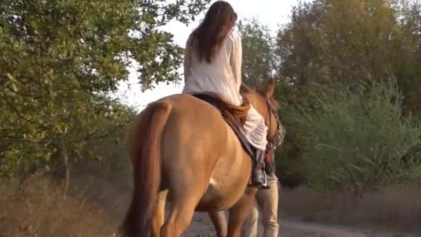 牧場の夫婦だ 馬と一緒に立ってペア 彼女のボーイフレンドと女の子 — ストック動画