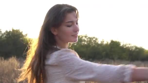 Porträt Einer Schönen Frau Die Bei Sonnenuntergang Park Lächelt Und — Stockvideo