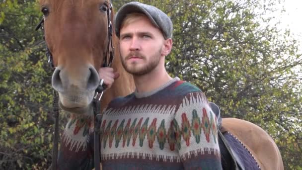 年轻英俊的男人在牧场上爱抚马 — 图库视频影像