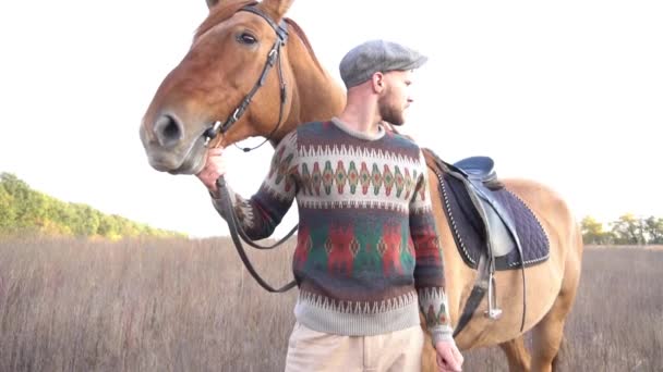 Slow Motion Young Adult Petting Horse Ranch — Stok Video