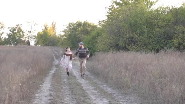 Slow Motion Walk Couples Fields Sunset — ストック動画