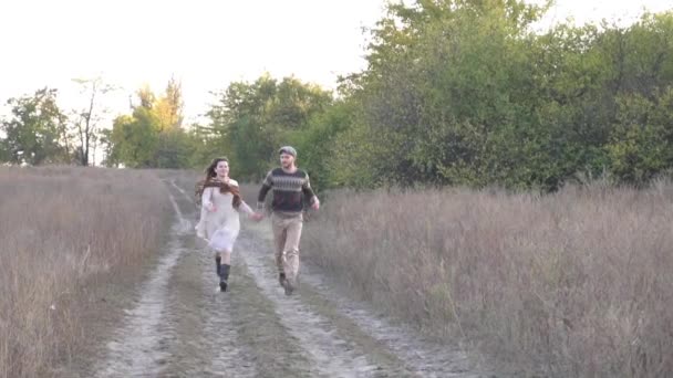 Young Boy Girl Couple Love Running Meadow Hand Hand — Stok video