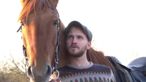 Slow Motion Young Adult Petting Horse Ranch — Vídeos de Stock