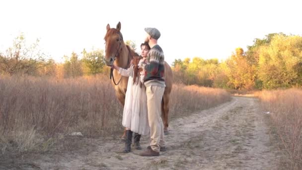 Slow Motion Happy Couple Having Fun Horses — Stockvideo