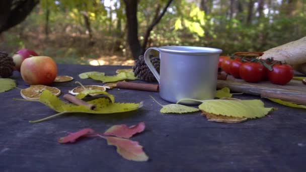 Slow Motion Cup Hot Coffee Tea Autumn Still Life Colorful — Wideo stockowe