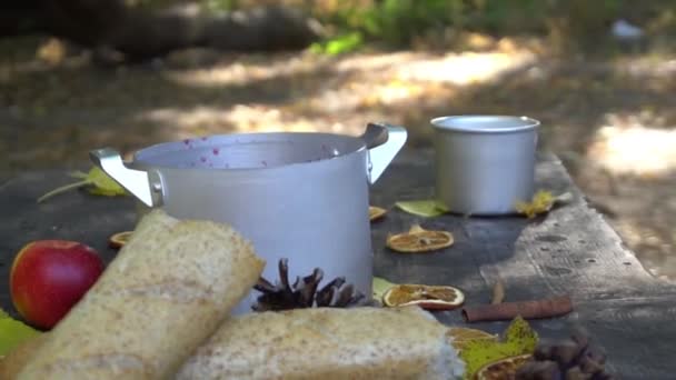 Ζεστό Τσάι Ψωμί Και Φρούτα Στο Τραπέζι Μια Τουριστική Κατασκήνωση — Αρχείο Βίντεο