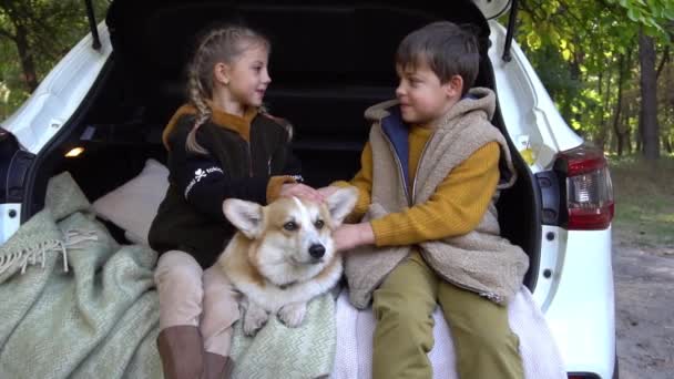 Slow Motion Twee Kinderen Zitten Een Kofferbak Met Een Hond — Stockvideo